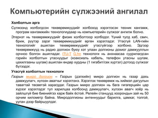 Холболтын арга
Сүлжээнд холбогдсон төхөөрөмжүүдийг холбоход хэрэглэсэн техник хангамж,
програм хангамжийн технологиудаар нь компьютерийн сүлжээг ангилж болно.
Этернэт нь төхөөрөмжүүдийг физик холболтоор холбодог. Үүний тулд хаб, свич,
бриж, рүүтэр зэрэг төхөөрөмжүүдийг өргөн хэрэглэдэг. Утасгүй LAN-гийн
технологийг ашиглан төхөөрөмжүүдийг утасгүйгээр холбоно. Эдгээр
төхөөрөмжүүд нь радио долгион буюу хэт улаан долгионы дохиог дамжууллын
орчноо болгон ашигладаг. ITU-T G.hn технологи нь анхнаасаа суурилагдсан
гэрийн холболтын утаснуудыг (коаксиаль кабель, телефон утасны шугам,
цахилгааны шугам) ашиглан өндөр хурдны (1 гигабит/сек хүртэл) дотоод сүлжээг
бүтээдэг.
Утасгүй холболтын технологи
Газрын микро долгион – Газрын (дэлхийн) микро долгион нь газар дахь
дамжуулагч, хүлээн авагчыг хэрэглэнэ. Хэрэглэх төхөөрөмж нь хиймэл дагуулын
тавагтай төсөөтэй харагддаг. Газрын микро долгион нь бага гигагерцийн цар
хүрээг хэрэглэдэг тул харилцаа холбоонд дамжуулагч, хүлээн авагч хоёр нь
зайлшгүй бие биенийгээ харж байх ёстой. Релейн станцууд хоорондын зай нь 50
орчим километр байна. Микродолгионы антеннуудыг барилга, цамхаг, толгой,
уулан дээр байршуулдаг.
 