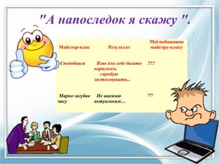 "А напоследок я скажу ".
                                           Мої побажання
   Майстер-клас         Результат          майстру-класу


   Сподобався      Взяв для себе багато   ???
                  корисного,
                     спробую
                  застосовувати...


   Марно загубив Не вважаю                ???
   часу          актуальним…
 