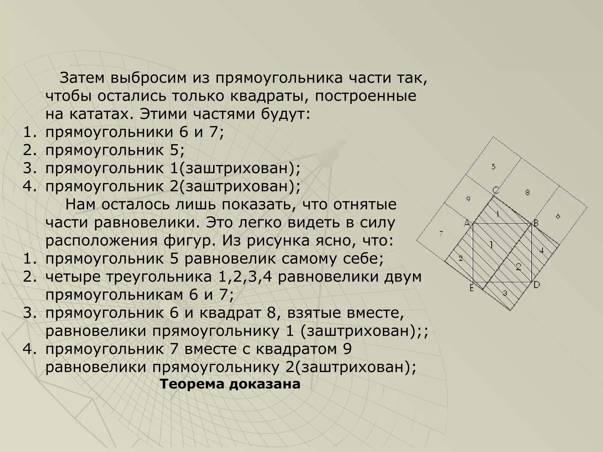Затем выбросим из прямоугольника части так,
     чтобы остались только квадраты, построенные
     на кататах. Этими частями будут:
1.   прямоугольники 6 и 7;
2.   прямоугольник 5;
3.   прямоугольник 1(заштрихован);
4.   прямоугольник 2(заштрихован);
        Нам осталось лишь показать, что отнятые
     части равновелики. Это легко видеть в силу
     расположения фигур. Из рисунка ясно, что:
1.   прямоугольник 5 равновелик самому себе;
2.   четыре треугольника 1,2,3,4 равновелики двум
     прямоугольникам 6 и 7;
3.   прямоугольник 6 и квадрат 8, взятые вместе,
     равновелики прямоугольнику 1 (заштрихован);;
4.   прямоугольник 7 вместе с квадратом 9
     равновелики прямоугольнику 2(заштрихован);
                  Теорема доказана
 