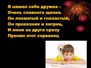 Я нашел себе дружка –
Очень славного щенка.
Он лохматый и глазастый,
Он проказник и хитрец,
И меня за друга сразу
Принял этот сорванец
 