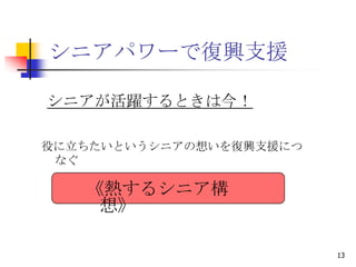 シニアパワーで復興支援

シニアが活躍するときは今！

役に立ちたいというシニアの想いを復興支援につ
 なぐ

   《熱するシニア構
    想》

                         13
 