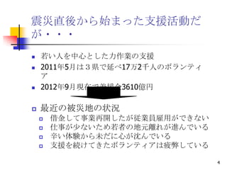 震災直後から始まった支援活動だ
が・・・
   若い人を中心とした力作業の支援
   2011年5月は３県で延べ17万2千人のボランティ
    ア
   2012年9月現在で義援金3610億円

   最近の被災地の状況
       借金して事業再開したが従業員雇用ができない
       仕事が少ないため若者の地元離れが進んでいる
       辛い体験から未だに心が沈んでいる
       支援を続けてきたボランティアは疲弊している

                                4
 