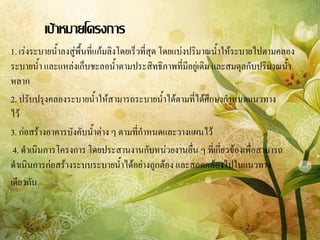 เป้าหมายโครงการ
1. เร่งระบายน้้าลงสู่พื้นที่แก้มลิงโดยเร็วที่สุด โดยแบ่งปริมาณน้้าให้ระบายไปตามคลอง
ระบายน้้า และแหล่งเก็บชะลอน้้าตามประสิทธิภาพที่มีอยู่เดิม และสมดุลกับปริมาณน้้า
หลาก
2. ปรับปรุงคลองระบายน้้าให้สามารถระบายน้้าได้ตามที่ได้ศึกษาก้าหนดแนวทาง
ไว้
3. ก่อสร้างอาคารบังคับน้้าต่าง ๆ ตามที่ก้าหนดและวางแผนไว้
 4. ด้าเนินการโครงการ โดยประสานงานกับหน่วยงานอื่น ๆ ที่เกี่ยวข้องเพื่อสามารถ
ด้าเนินการก่อสร้างระบบระบายน้้าได้อย่างถูกต้อง และสอดคล้องไปในแนวทาง
เดียวกัน
 