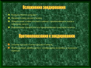 Разрыв слезного канальца
Прорыв стенки слезного мешка
Повреждение стенки костного канала с проникновением зонда в
гайморову пазуху
Повреждение слезной кости и проникновение в носовую полость




Аплазия костного слезно-носового канала
Флегмонозный дакриоцистит ( зондирование возможно в холодном
периоде)
 