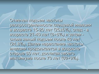 Отмечен подъем частоты
распространенности клещевой инвазии
в возрасте 15-20 лет (26±6%), спад - в
возрасте 21-40 лет (8+8%) и затем -
снова явный подъем после 40 лет
(24,8%). Далее нарастание частоты
инвазии продолжается в возрасте
старше 60 лет, достигая своего
максимума после 70 лет (60+9%).
 