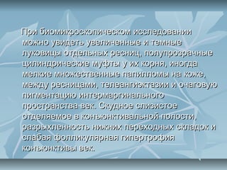 При биомикроскопическом исследовании
можно увидеть увеличенные и темные
луковицы отдельных ресниц, полупрозрачные
цилиндрические муфты у их корня, иногда
мелкие множественные папилломы на коже,
между ресницами, телеангиэктазии и очаговую
пигментацию интермаргинального
пространства век. Скудное слизистое
отделяемое в конъюнктивальной полости,
разрыхленность нижних переходных складок и
слабая фолликулярная гипертрофия
конъюнктивы век.
 