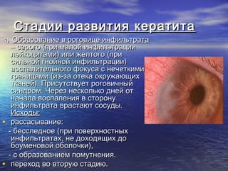 Стадии развития кератита
1)   Образование в роговице инфильтрата
     – серого (при малой инфильтрации
     лейкоцитами) или желтого (при
     сильной гнойной инфильтрации)
     воспалительного фокуса с нечеткими
     границами (из-за отека окружающих
     тканей). Присутствует роговичный
     синдром. Через несколько дней от
     начала воспаления в сторону
     инфильтрата врастают сосуды.
     Исходы:
•    рассасывание:
    - бесследное (при поверхностных
     инфильтратах, не доходящих до
     боуменовой оболочки),
    - с образованием помутнения.
•    переход во вторую стадию.
 