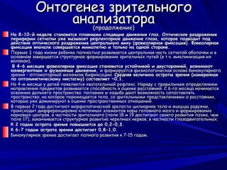 Онтогенез зрительного
               анализатора
                  (продолжение)
На 8-10-й неделе становятся плавными следящие движения глаз. Оптическое раздражение
периферии сетчатки уже вызывает рефлекторное движение глаза, которое подводит под
действие оптического раздражения центральную ямку (фовеолярная фиксация). Фовеолярная
фиксация вначале совершается мимолетно и только на одной стороне.
Первые ½ года жизни ребенка полностью развивается центральная часть сетчатой оболочки и в
основном завершается структурное формирование зрительных путей (в т.ч. миелинизация их
волокон).
 В 4-6 месяцев фовеолярная фиксация становится устойчивой и двусторонней, возникают
конвергентные и фузионные движения, и формируется физиологическая основа бинокулярного
зрения – оптомоторный механизм бификсации. Средняя величина остроты зрения (измеренная
по оптокинетическому нистагму) составляет ~0,1.
На 4-м месяце у детей появляется хватательный рефлекс. Наряду с правильным определением
направления предметов развивается способность к оценке расстояний. С 6-го месяца начинается
освоение дальнего пространства: ползание и ходьба дают возможность сопоставлять
пространство, на которое перемещается тело, со зрительными представлениями о расстоянии,
которые уже доминируют в оценке пространственных отношений.
В первые 2 года достигают морфологической зрелости цилиарное тело и мышцы радужки,
происходит дифференцировка клеточных элементов коры головного мозга и формирование
корковых центров, в частности зрительного (поля 18 и 19 достигают своего развития позже, чем
поле 17), заканчивается структурное развитие черепных нервов, в частности глазодвигательных.
К 2 годам острота зрения повышается до 0,2-0,3.
К 6-7 годам острота зрения достигает 0,8-1,0.
Бинокулярное зрение достигает полного развития к 7-15 годам.
 