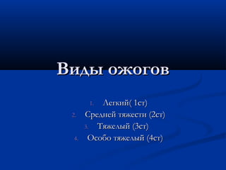 Виды ожогов
        1. Легкий( 1ст)
 2.    Средней тяжести (2ст)
       3. Тяжелый (3ст)
  4.    Особо тяжелый (4ст)
 