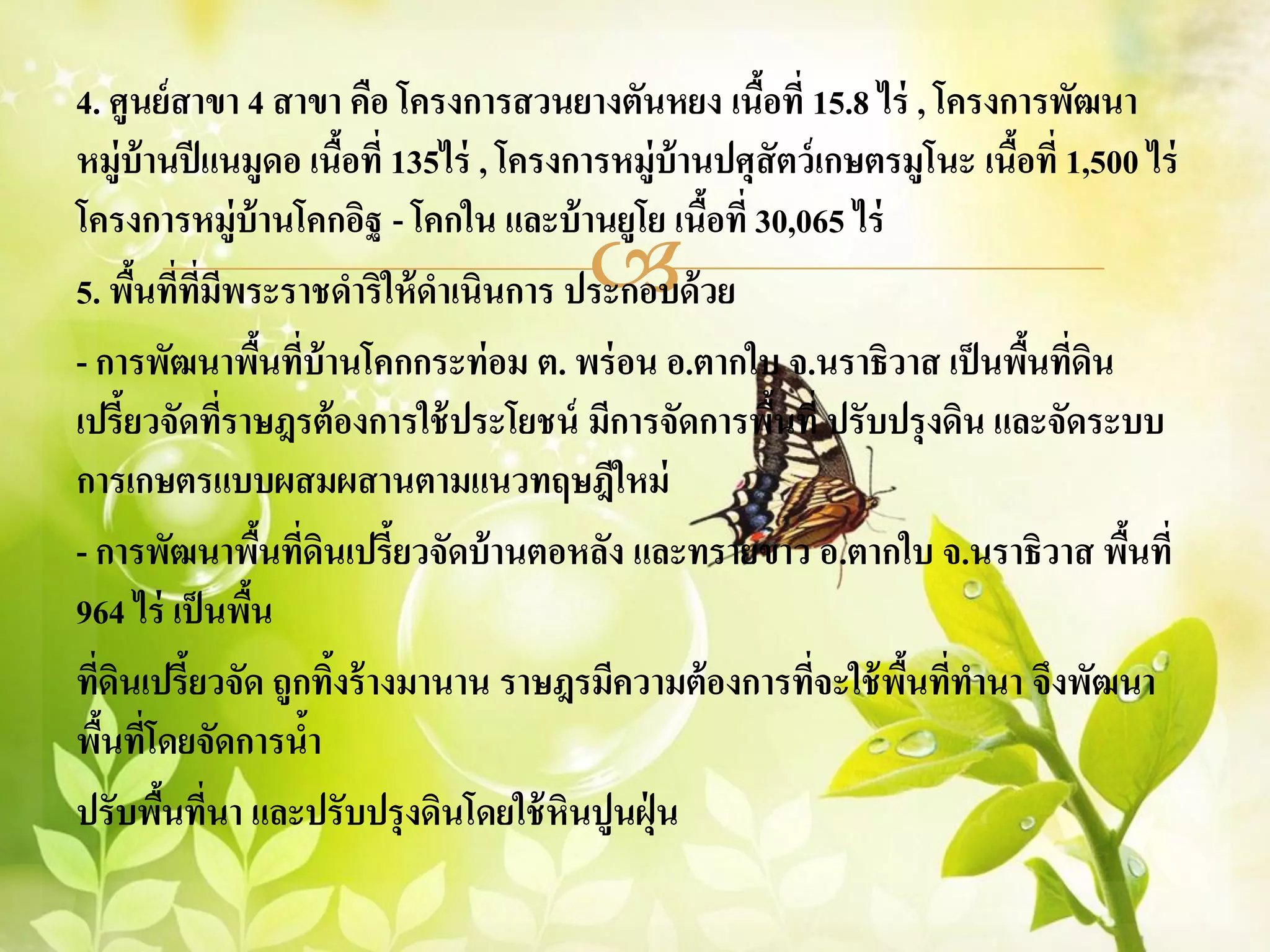 4. ศูนย์ สาขา 4 สาขา คือ โครงการสวนยางตันหยง เนือที่ 15.8 ไร่ , โครงการพัฒนา
                                                     ้
หมู่บ้านปี แนมูดอ เนือที่ 135ไร่ , โครงการหมู่บ้านปศุสัตว์ เกษตรมูโนะ เนือที่ 1,500 ไร่
                         ้                                               ้
โครงการหมู่บ้านโคกอิฐ - โคกใน และบ้ านยูโย เนือที่ 30,065 ไร่
                                                  ้
                                        
5. พืนที่ทมีพระราชดาริให้ ดาเนินการ ประกอบด้ วย
      ้ ี่
- การพัฒนาพืนที่บ้านโคกกระท่ อม ต. พร่ อน อ.ตากใบ จ.นราธิวาส เป็ นพืนที่ดน
                 ้                                                         ้ ิ
เปรี้ยวจัดทีราษฎรต้ องการใช้ ประโยชน์ มีการจัดการพืนที่ ปรับปรุ งดิน และจัดระบบ
             ่                                         ้
การเกษตรแบบผสมผสานตามแนวทฤษฎีใหม่
- การพัฒนาพืนที่ดนเปรี้ยวจัดบ้ านตอหลัง และทรายขาว อ.ตากใบ จ.นราธิวาส พืนที่
                   ้ ิ                                                            ้
964 ไร่ เป็ นพืน
               ้
ทีดนเปรี้ยวจัด ถูกทิงร้ างมานาน ราษฎรมีความต้ องการทีจะใช้ พนทีทานา จึงพัฒนา
  ่ ิ                  ้                                  ่     ื้ ่
พืนที่โดยจัดการนา
   ้                 ้
ปรับพืนทีนา และปรับปรุ งดินโดยใช้ หินปูนฝุ่ น
       ้ ่
 