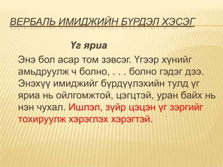 ВЕРБАЛЬ ИМИДЖИЙН БҮРДЭЛ ХЭСЭГ

            Үг яриа
 Энэ бол асар том зэвсэг. Үгээр хүнийг
 амьдруулж ч болно, . . . болно гэдэг дээ.
 Энэхүү имиджийг бүрдүүлэхийн тулд үг
 яриа нь ойлгомжтой, цэгцтэй, уран байх нь
 нэн чухал. Ишлэл, зүйр цэцэн үг зэргийг
 тохируулж хэрэглэх хэрэгтэй.
 