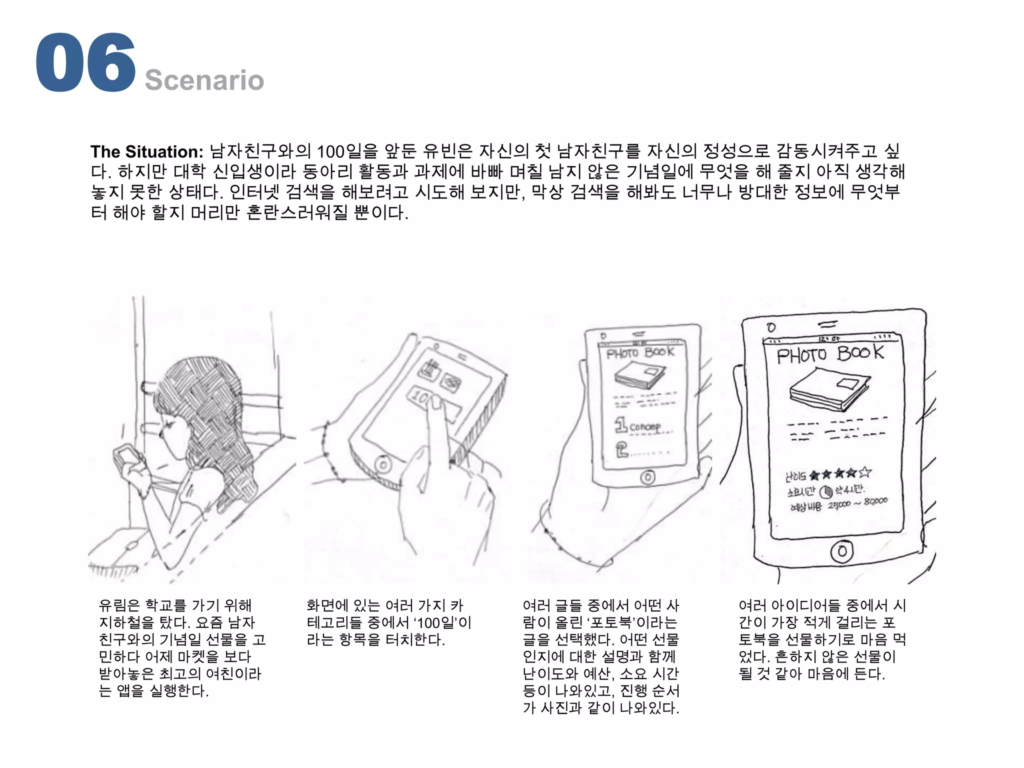 06   Scenario

 The Situation: 남자친구와의 100일을 앞둔 유빈은 자신의 첫 남자친구를 자신의 정성으로 감동시켜주고 싶
 다. 하지만 대학 신입생이라 동아리 활동과 과제에 바빠 며칠 남지 않은 기념일에 무엇을 해 줄지 아직 생각해
 놓지 못한 상태다. 인터넷 검색을 해보려고 시도해 보지만, 막상 검색을 해봐도 너무나 방대한 정보에 무엇부
 터 해야 할지 머리만 혼란스러워질 뿐이다.




 유림은 학교를 가기 위해    화면에 있는 여러 가지 카     여러 글들 중에서 어떤 사   여러 아이디어들 중에서 시
 지하철을 탔다. 요즘 남자   테고리들 중에서 ‘100일’이   람이 올린 ‘포토북’이라는   간이 가장 적게 걸리는 포
 친구와의 기념일 선물을 고   라는 항목을 터치한다.       글을 선택했다. 어떤 선물   토북을 선물하기로 마음 먹
 민하다 어제 마켓을 보다                       인지에 대한 설명과 함께    었다. 흔하지 않은 선물이
 받아놓은 최고의 여친이라                       난이도와 예산, 소요 시간   될 것 같아 마음에 든다.
 는 앱을 실행한다.                          등이 나와있고, 진행 순서
                                     가 사진과 같이 나와있다.
 