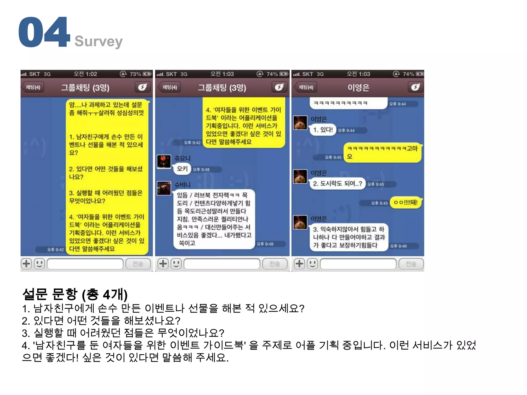 04    Survey




설문 문항 (총 4개)
1. 남자친구에게 손수 만든 이벤트나 선물을 해본 적 있으세요?
2. 있다면 어떤 것들을 해보셨나요?
3. 실행할 때 어려웠던 점들은 무엇이었나요?
4. '남자친구를 둔 여자들을 위한 이벤트 가이드북' 을 주제로 어플 기획 중입니다. 이런 서비스가 있었
으면 좋겠다! 싶은 것이 있다면 말씀해 주세요.
 