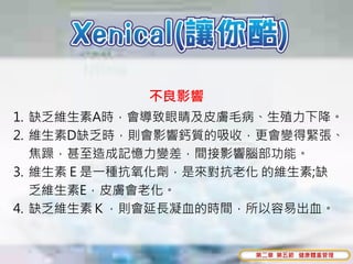 不良影響
1. 缺乏維生素A時，會導致眼睛及皮膚毛病、生殖力下降。
2. 維生素D缺乏時，則會影響鈣質的吸收，更會變得緊張、
   焦躁，甚至造成記憶力變差，間接影響腦部功能。
3. 維生素Ｅ是一種抗氧化劑，是來對抗老化 的維生素;缺
   乏維生素E，皮膚會老化。
4. 缺乏維生素Ｋ，則會延長凝血的時間，所以容易出血。


                    第二章 第五節 健康體重管理
 