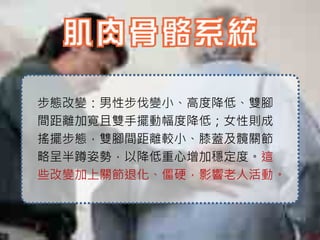 步態改變：男性步伐變小、高度降低、雙腳
間距離加寬且雙手擺動幅度降低；女性則成
搖擺步態，雙腳間距離較小、膝蓋及髖關節
略呈半蹲姿勢，以降低重心增加穩定度。這
些改變加上關節退化、僵硬，影響老人活動。
 