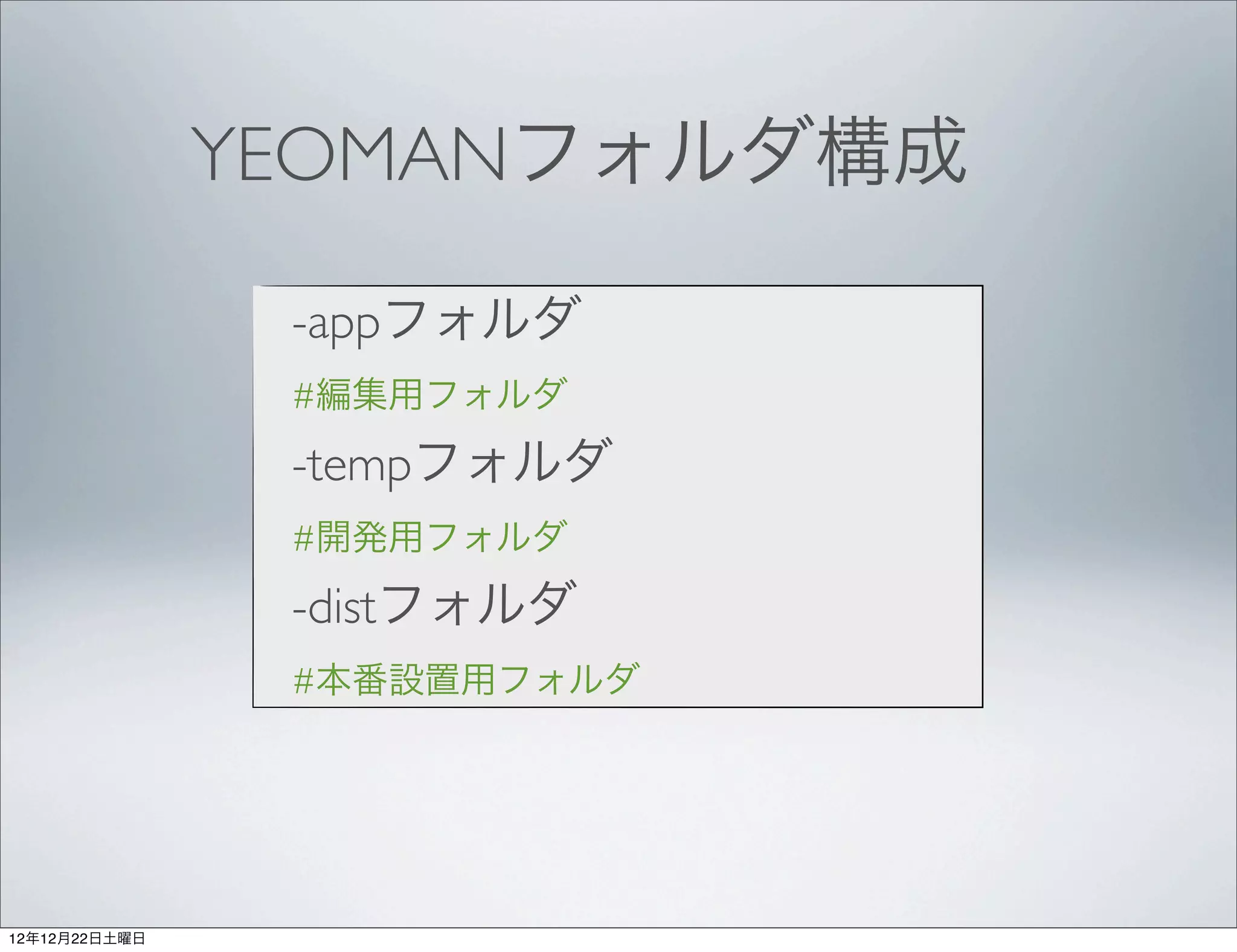 YEOMANフォルダ構成

                -appフォルダ
                #編集用フォルダ

                -tempフォルダ
                #開発用フォルダ

                -distフォルダ
                #本番設置用フォルダ




12年12月22日土曜日
 