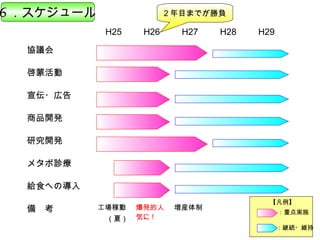 6 ．スケジュール                  2 年目までが勝負

             H25     H26     H27   H28   H29

  協議会

  啓蒙活動

  宣伝・広告

  商品開発

  研究開発

  メタボ診療

  給食への導入
                                           【凡例】
  備　考       工場稼動    爆発的人    増産体制
                                               ：重点実施
            　 （夏）   気に !
                                               ：継続・維持
 