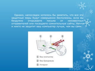 Однако, напоследок хотелось бы заметить, что все эти
защитные меры будут совершенно бесполезны, если вы
бездумно     открываете   письма    от   неизвестных
отправителей или посещаете сомнительные сайты. Ничто
и никто не защитит ваш компьютер лучше, чем вы сами.
 