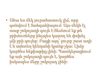 • Ահա ևս մեկ յուրահատուկ լիճ, որը
  գտնվում է Տանզանիայում: Այս մեկն էլ
  տաք շոկոլադի գույն է:Տեսնում եք թե
  ջրիմուռները ինչպես կարող են փոխել
  լճի ջրի գույնը: Բացի այդ` ջուրը շատ աղի
  է և այնտեղ կենդանի կյանք չկա: Լիճը
  կարծես հեքիաթից լինի: Պատկերացնում
  եք այն շոկոլադի գույն է, կարծես
  իսկապես մեջը շոկոլադ լինի:
 
