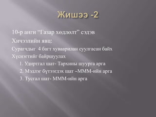 10-р анги “Газар хөдлөлт” сэдэв
Хичээлийн явц:
Сурагчдыг 4 багт хуваарилан суулгасан байх
Хүснэгтийг байршуулах
   1. Удиртгал шат- Тархины шуурга арга
   2. Мэдлэг бүтээгдэх шат –МММ-ийн арга
   3. Тусгал шат- МММ-ийн арга
 