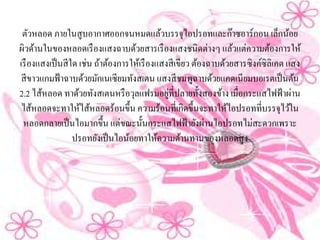 ตวหลอด ภายในสูบอากาศออกจนหมดแล้วบรรจุไอปรอทและก๊าซอาร์กอน เล็กน้อย
    ั
ผิวด้านในของหลอดเรื องแสงฉาบด้วยสารเรื องแสงชนิดต่างๆ แล้วแต่ความต้องการให้
เรื องแสงเป็ นสี ใด เช่น ถ้าต้องการให้เรื องแสงสี เขียว ต้องฉาบด้วยสารซิงคซิลิเคต แสง
                                                                          ์
 สีขาวแกมฟ้าฉาบดวยมักเนเซียมทังสเตน แสงสี ชมพูฉาบด้วยแคดเนียมบอเรตเป็นตน
                      ้                                                                ้
                    ้ ั             ุ          ู่
2.2 ไสหลอด ทาดวยทงสเตนหรือวลแฟรมอยที่ปลายท้ งสองขาง เมื่อกระแสไฟฟ้าผาน
        ้                                                 ั    ้                     ่
 ไสหลอดจะทาใหไสหลอดร้อนข้ ึน ความร้อนที่เกิดข้ ึนจะทาใหไอปรอทที่บรรจุไวใน
      ้              ้ ้                                         ้                 ้
 หลอดกลายเป็นไอมากข้ ึน แต่ขณะน้ นกระแสไฟฟ้ายงผานไอปรอทไม่สะดวกเพราะ
                                       ั                 ั ่
                  ปรอทยังเป็ นไอน้อยทาให้ความต้านทานของหลอดสูง
 