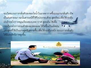 จะเกิดขบวนการกลั่นตัวเองของไอน้าในมวลอากาศขึ้นบนแกนกลั่นตัว เกิด
เป็นฝนตกลงมา ฉะนั้นสารเคมีที่ใช้จึงประกอบด้วย สูตรร้อน เพื่อใช้กระตุ้น
เร่งเร้ากลไกการหมุนเวียนของบรรยากาศ สูตรเย็น ใช้เพื่อ
กระตุ้นกลไกการรวมตัวของละอองเมฆ ให้โตขึ้นเป็นเม็ดฝน
และสูตรที่ใช้เป็นแกนดูดซับความชื้น เพื่อใช้กระตุ้นกลไก ระบบการกลั่นตัว
ให้มีประสิทธิภาพสูงขึ้น
 