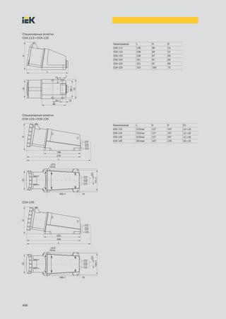 Стационарные розетки
ССИ 113÷ССИ 125
                       Наименование   L        H     D
                       ССИ 113        136      90    51
                       ССИ 114        138      93    57
                       ССИ 115        138      97    65
                       ССИ 123        151      97    65
                       ССИ 124        151      97    65
                       ССИ 125        153      105   70




Стационарные розетки
ССИ 133÷ССИ 135

                       Наименование   L        H     D     D1
                       ССИ 133        315max   127   107   12÷20
                       ССИ 134        315max   127   107   12÷20
                       ССИ 135        315max   127   107   12÷20
                       ССИ 145        361max   142   120   20÷25




ССИ 145




498
 