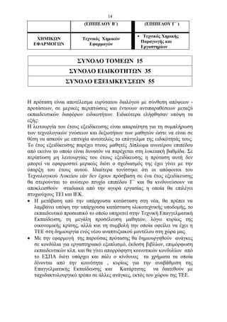 14
                        (ΕΠΙΠΕΔΟΥ Β΄)             (ΕΠΙΠΕΔΟΥ Γ΄ )

                                               • Τεχνικός Χημικής
   ΧΗΜΙΚΩΝ             Τεχνικός Χημικών
                                                Παραγωγής και
  ΕΦΑΡΜΟΓΩΝ               Εφαρμογών
                                                Εργαστηρίων


                     ΣΥΝΟΛΟ ΤΟΜΕΩΝ 15
                 ΣΥΝΟΛΟ ΕΙΔΙΚΟΤΗΤΩΝ 35
                ΣΥΝΟΛΟ ΕΞΕΙΔΙΚΕΥΣΕΩΝ 55


Η πρόταση είναι αποτέλεσμα ευρύτατου διαλόγου με σύνθεση απόψεων -
προτάσεων, σε μερικές περιπτώσεις και έντονων αντιπαραθέσεων μεταξύ
εκπαιδευτικών διαφόρων ειδικοτήτων. Ειδικότερα ελήφθησαν υπόψη τα
εξής:
Η λειτουργία του έτους εξειδίκευσης είναι απαραίτητη για τη συμπλήρωση
των τεχνολογικών γνώσεων και δεξιοτήτων των μαθητών ώστε να είναι σε
θέση να ασκούν με επιτυχία αυτοτελώς το επάγγελμα της ειδικότητάς τους.
Το έτος εξειδίκευσης παρέχει στους μαθητές Δίπλωμα ανωτέρου επιπέδου
από εκείνο το οποίο είναι δυνατόν να παρέχεται στη λυκειακή βαθμίδα. Σε
περίπτωση μη λειτουργίας του έτους εξειδίκευσης η πρόταση αυτή δεν
μπορεί να εφαρμοστεί μερικώς διότι ο σχεδιασμός της έχει γίνει με την
ύπαρξη του έτους αυτού. Ιδιαίτερα τονίστηκε ότι οι απόφοιτοι του
Τεχνολογικού Λυκείου εάν δεν έχουν πρόσβαση σε ένα έτος εξειδίκευσης
θα στερούνται το ανώτερο πτυχίο επιπέδου Γ΄ και θα κινδυνεύσουν να
αποκλεισθούν σταδιακά από την αγορά εργασίας η οποία θα επιλέγει
πτυχιούχους ΤΕΙ και ΙΕΚ.
 Η μετάβαση από την υπάρχουσα κατάσταση στη νέα, θα πρέπει να
   λαμβάνει υπόψη την υπάρχουσα κατάσταση υλικοτεχνικής υποδομής, το
   εκπαιδευτικό προσωπικό το οποίο υπηρετεί στην Τεχνική Επαγγελματική
   Εκπαίδευση, τη μεγάλη προσέλευση μαθητών, λόγω κυρίως της
   οικονομικής κρίσης, αλλά και τη συμβολή την οποία οφείλει να έχει η
   ΤΕΕ στη δημιουργία ενός νέου αναπτυξιακού μοντέλου στη χώρα μας.
 Με την εφαρμογή της παρούσας πρότασης θα δημιουργηθούν ανάγκες
   σε κονδύλια για εργαστηριακό εξοπλισμό, έκδοση βιβλίων, επιμόρφωση
   εκπαιδευτικών κλπ. και θα γίνει απορρόφηση κοινοτικών κονδυλίων από
   το ΕΣΠΑ διότι υπάρχει και πάλι ο κίνδυνος τα χρήματα τα οποία
   δίνονται από την κοινότητα , κυρίως για την αναβάθμιση της
   Επαγγελματικής Εκπαίδευσης και Κατάρτισης να διατεθούν με
   ταχυδακτυλουργικό τρόπο σε άλλες ανάγκες, εκτός του χώρου της ΤΕΕ.
 