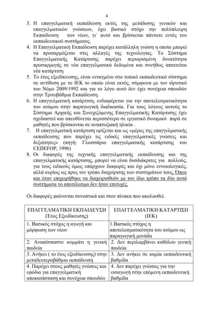 4
3. Η επαγγελματική εκπαίδευση εκτός της μετάδοσης γενικών και
   επαγγελματικών γνώσεων, έχει βασικό στόχο την πολύπλευρη
   Εκπαίδευση      των νέων, γι΄ αυτό και βρίσκεται πάντοτε εντός του
   εκπαιδευτικού συστήματος.
4. Η Επαγγελματική Εκπαίδευση παρέχει κατάλληλη γνώση η οποία μπορεί
   να προσαρμόζεται στις αλλαγές της τεχνολογίας. Το Σύστημα
   Επαγγελματικής Κατάρτισης παρέχει περιορισμένη δυνατότητα
   προσαρμογής σε νέα επαγγελματικά δεδομένα και συνήθως απαιτείται
   νέα κατάρτιση
5. Το έτος εξειδίκευσης, είναι ενταγμένο στο τυπικό εκπαιδευτικό σύστημα
   σε αντίθεση με το ΙΕΚ το οποίο είναι εκτός, σύμφωνα με τον ιδρυτικό
   του Νόμο 2009/1992 και για το λόγο αυτό δεν έχει συνέχεια σπουδών
   στην Τριτοβάθμια Εκπαίδευση.
6. Η επαγγελματική κατάρτιση, ενδιαφέρεται για την αποτελεσματικότητα
   του ατόμου στην παραγωγική διαδικασία. Για τους λόγους αυτούς το
   Σύστημα Αρχικής και Συνεχιζόμενης Επαγγελματικής Κατάρτισης έχει
   σχεδιαστεί και απευθύνεται περισσότερο σε εργατικό δυναμικό παρά σε
   μαθητές που βρίσκονται σε αναπτυξιακή ηλικία .
7. Η επαγγελματική κατάρτιση ορίζεται και ως «μέρος της επαγγελματικής
   εκπαίδευσης που παρέχει τις ειδικές επαγγελματικές γνώσεις και
   δεξιότητες» (πηγή: Γλωσσάριο επαγγελματικής κατάρτισης του
   CEDEFOP, 1996)
8. Οι διαφορές της τεχνικής επαγγελματικής εκπαίδευσης και της
   επαγγελματικής κατάρτισης, μπορεί να είναι δυσδιάκριτες για πολλούς,
   για τους ειδικούς όμως υπάρχουν διαφορές και όχι μόνο εννοιολογικές,
   αλλά κυρίως ως προς τον τρόπο διαχείρισης των συστημάτων τους. Όπου
   και όταν επιχειρήθηκε να διαχειρισθούν με τον ίδιο τρόπο τα δύο αυτά
   συστήματα το αποτέλεσμα δεν ήταν επιτυχές.

Οι διαφορές φαίνονται συνοπτικά και στον πίνακα που ακολουθεί.

ΕΠΑΓΓΕΛΜΑΤΙΚΗ ΕΚΠΑΙΔΕΥΣΗ                  ΕΠΑΓΓΕΛΜΑΤΙΚΗ ΚΑΤΑΡΤΙΣΗ
     (Έτος Εξειδίκευσης)                           (ΙΕΚ)
1. Βασικός στόχος η αγωγή και            1.Βασικός στόχος η
μόρφωση των νέων                         αποτελεσματικότητα του ατόμου ως
                                         παραγωγική μονάδα
2. Αναπόσπαστο κομμάτι η γενική          2. Δεν περιλαμβάνει καθόλου γενική
παιδεία                                  παιδεία
3. Ανήκει ( το έτος εξειδίκευσης) στην   3. Δεν ανήκει σε καμία εκπαιδευτική
μεταδευτεροβάθμια εκπαίδευση             βαθμίδα
4. Παρέχει στους μαθητές γνώσεις και     4. Δεν παρέχει γνώσεις για την
εφόδια για επαγγελματική                 εισαγωγή στην επόμενη εκπαιδευτική
αποκατάσταση και συνέχεια σπουδών        βαθμίδα
 