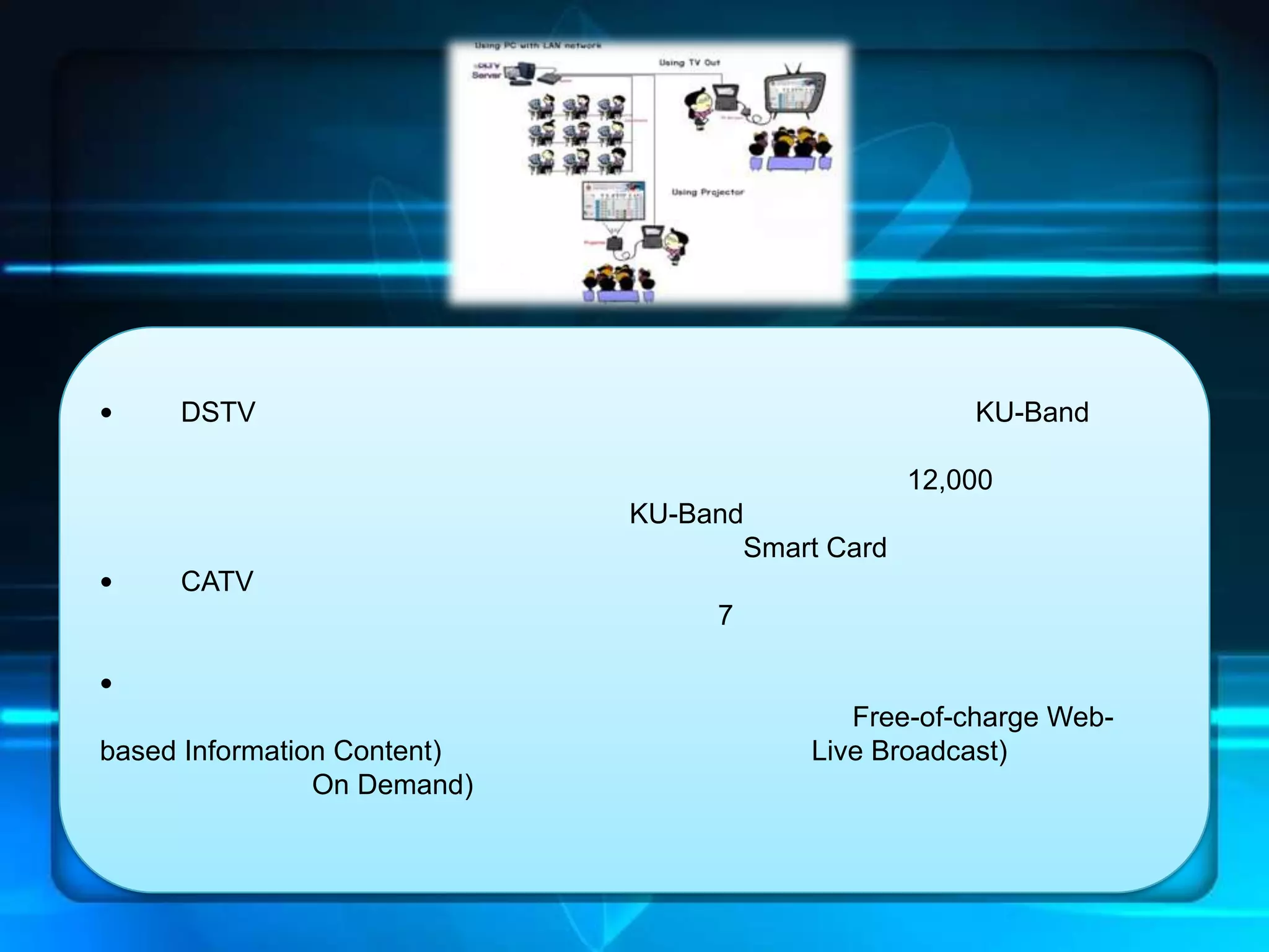 •    DSTV                                            KU-Band

                                                 12,000
                             KU-Band
                                    Smart Card
•    CATV
                                  7

•
                                           Free-of-charge Web-
based Information Content)              Live Broadcast)
                On Demand)
 