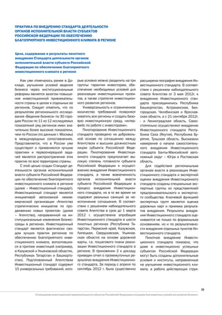 ПРАКТИКА ПО ВНЕДРЕНИЮ СТАНДАРТА ДЕЯТЕЛЬНОСТИ
ОРГАНОВ ИСПОЛНИТЕЛЬНОЙ ВЛАСТИ СУБЪЕКТОВ
РОССИЙСКОЙ ФЕДЕРАЦИИ ПО ОБЕСПЕЧЕНИЮ
БЛАГОПРИЯТНОГО ИНВЕСТИЦИОННОГО КЛИМАТА В РЕГИОНЕ


Цели, содержание и результаты пилотного
внедрения Стандарта деятельности органов
исполнительной власти субъекта Российской
Федерации по обеспечению благоприятного
инвестиционного климата в регионе

   Как уже отмечалось ранее в До-     рые условно можно разделить на три     расширена география внедрения Ин-
кладе, улучшение условий ведения      группы: гарантии инвесторам, обе-      вестиционного стандарта. В соответ-
бизнеса через институциональные       спечение необходимых условий для       ствии с решением наблюдательного
реформы является залогом повыше-      реализации инвестиционных проек-       совета Агентства от 3 мая 2012г. к
ния инвестиционной привлекатель-      тов, а также стратегия инвестицион-    внедрению Инвестиционного стан-
ности страны в целом и отдельных ее   ного развития регионов.                дарта присоединились Республика
регионов. Следует отметить, что по        Универсальность и ограниченное     Башкортостан, Астраханская, Бел-
результатам регионального исследо-    количество требований позволяют        городская, Челябинская и Ярослав-
вания «Ведение бизнеса» по 30 горо-   охватить все регионы и создать базо-   ская области, а с 21 сентября 2012г.
дам России по 11 из 12 исследуемых    вую инвестиционную среду, «интер-      - и Ленинградская область. Само-
показателей ряд регионов имел зна-    фейс по работе с инвесторами».         стоятельно осуществляют внедрение
чительно более высокие показатели,        Пилотирование Инвестиционного      Инвестиционного стандарта Респу-
чем по России (по данным г. Москвы)   стандарта проведено на доброволь-      блика Саха (Якутия), Республика Бу-
в международных сопоставлениях.       ной основе по соглашению между         рятия, Тульская область. Высказали
Представляется, что в России уже      Агентством и высшим должностным        намерение о начале самостоятель-
существуют и применяются лучшие       лицом субъекта Российской Феде-        ного внедрения Инвестиционного
практики и первоочередной зада-       рации. Пилотирование Инвестици-        стандарта Ханты-Мансийский авто-
чей является распространение этих     онного стандарта предполагает вы-      номный округ – Югра и Ростовская
практик по всю территорию страны.     сокую степень готовности субъекта      область.
   С этой целью создан Стандарт де-   Российской Федерации к осущест-           Для содействия региональным
ятельности органов исполнительной     влению внедрения Инвестиционного       органам власти в реализации Инве-
власти субъекта Российской Федера-    стандарта, а также вовлеченность       стиционного стандарта и экспертной
ции по обеспечению благоприятного     органов исполнительной власти          оценки внедрения Инвестиционного
инвестиционного климата в регионе     субъекта Российской Федерации в        стандарта созданы специальные экс-
(далее – Инвестиционный стандарт).    процесс внедрения Инвестицион-         пертные группы из представителей
Инвестиционный стандарт является      ного стандарта, но в то же время не    предпринимательского и экспертно-
инициативой автономной неком-         содержит реальных санкций за не-       го сообщества. Ключевой функцией
мерческой организации «Агентство      исполнение соглашения. В соответ-      экспертных групп является оценка
стратегических инициатив по про-      ствии с решением наблюдательного       дорожных карт и приемка результа-
движению новых проектов» (далее       совета Агентства в срок до 1 марта     тов внедрения. Результаты внедре-
– Агентство), направленной на ин-     2012 г. осуществлена апробация         ния Инвестиционного стандарта оце-
ституциональные изменения бизнес-     Инвестиционного стандарта в шести      ниваются не только по формальным
среды в регионах. Инвестиционный      пилотных регионах (Республика Та-      основаниям, но и по результативно-
стандарт является фактически сво-     тарстан, Пермский край, Калужская,     сти внедрения отдельных пунктов Ин-
дом лучших практик регионов по        Липецкая, Свердловская, Ульянов-       вестиционного стандарта.
обеспечению благоприятного инве-      ская области) на основе дорожной          Пилотное внедрение Инвести-
стиционного климата, воплотивших-     карты, т.е. пошагового плана реали-    ционного стандарта показало, что
ся в притоке инвестиций (например,    зации Инвестиционного стандарта в      даже в инвестиционно успешных
в Калужской и Ульяновской областях,   регионе. В приложении 2 к докладу      субъектах Российской Федерации
Республиках Татарстан и Башкорто-     приведен отчет о промежуточных ре-     могут быть созданы дополнительные
стан). Подготовленный Агентством      зультатах внедрения Инвестиционно-     условия и институты, направленные
Инвестиционный стандарт содержит      го стандарта. За период с апреля по    на улучшение инвестиционного кли-
15 универсальных требований, кото-    сентябрь 2012 г. была существенно      мата, а работа действующих струк-




                                                                                                                    29
 