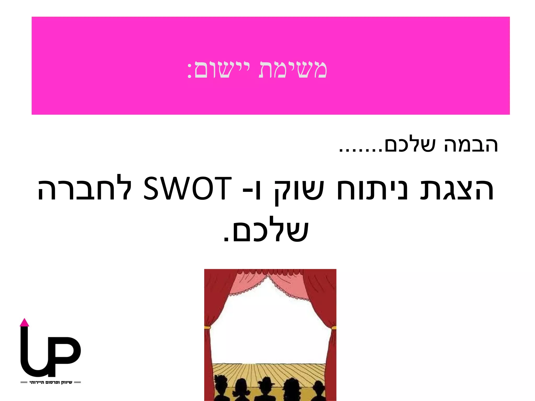 ‫משימת יישום:‬

                        ‫הבמה שלכם.......‬

‫הצגת ניתוח שוק ו- ‪ SWOT‬לחברה‬
         ‫שלכם.‬
 