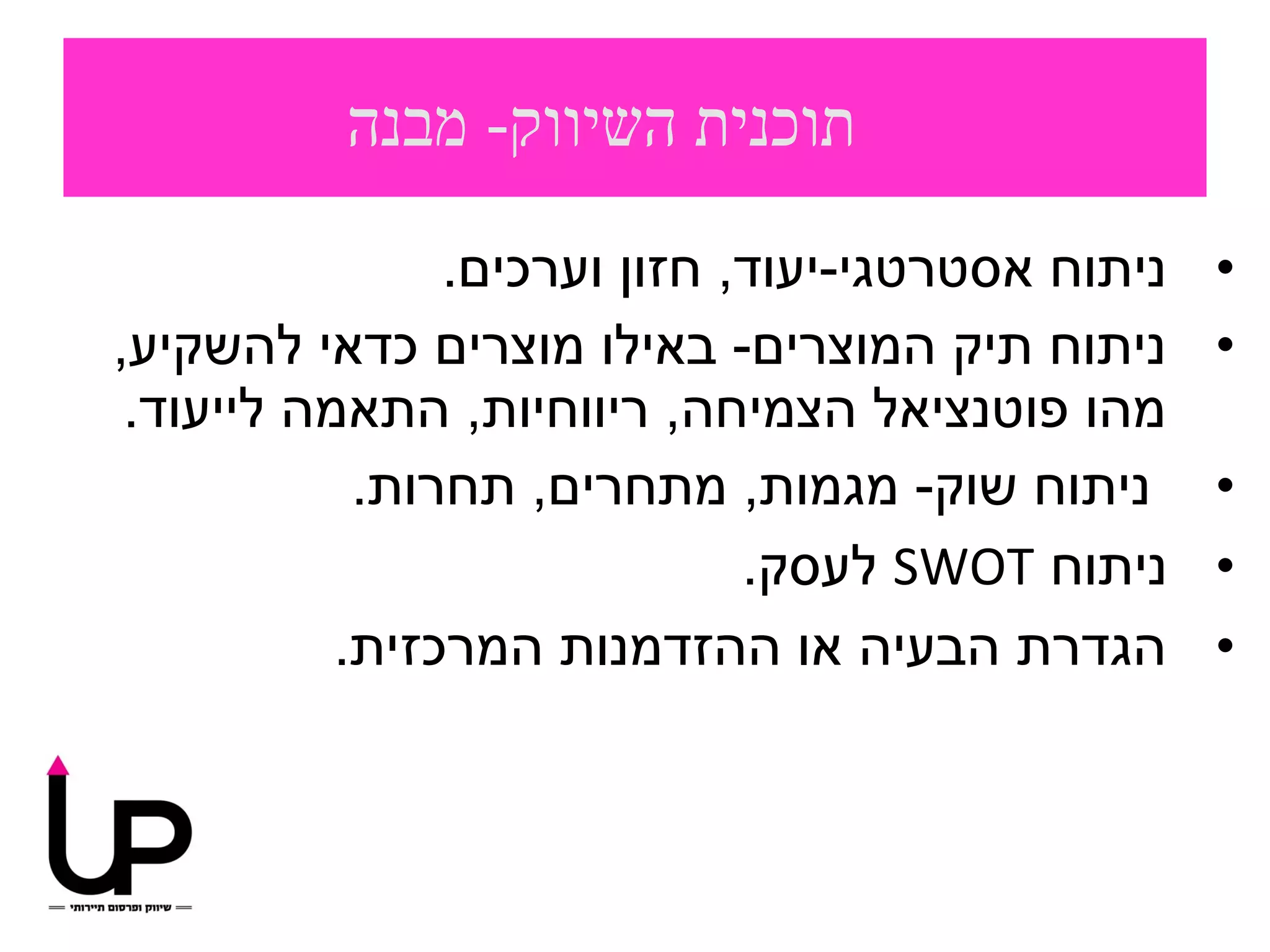 ‫תוכנית השיווק- מבנה‬
                ‫ניתוח אסטרטגי-יעוד, חזון וערכים.‬   ‫•‬
‫ניתוח תיק המוצרים- באילו מוצרים כדאי להשקיע,‬       ‫•‬
 ‫מהו פוטנציאל הצמיחה, ריווחיות, התאמה לייעוד.‬
            ‫ניתוח שוק- מגמות, מתחרים, תחרות.‬       ‫•‬
                              ‫ניתוח ‪ SWOT‬לעסק.‬     ‫•‬
           ‫הגדרת הבעיה או ההזדמנות המרכזית.‬        ‫•‬
 