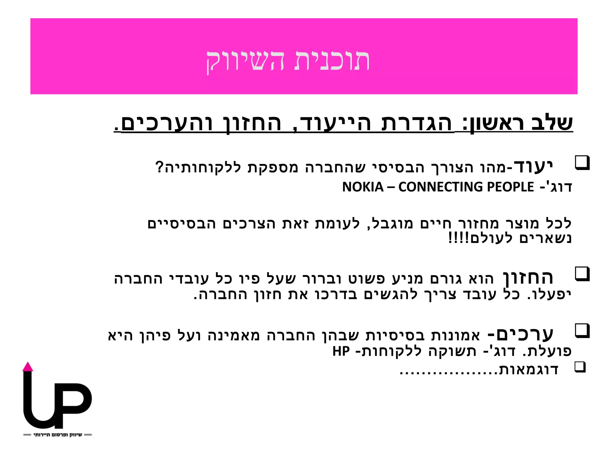‫תוכנית השיווק‬
‫שלב ראשון: הגדרת הייעוד, החזון והערכים .‬

      ‫‪ ‬יעוד -מהו הצורך הבסיסי שהחברה מספקת ללקוחותיה?‬
                           ‫דוג'- ‪NOKIA – CONNECTING PEOPLE‬‬

     ‫לכל מוצר מחזור חיים מוגבל, לעומת זאת הצרכים הבסיסיים‬
                                          ‫נשארים לעולם!!!!‬

‫‪ ‬החזון הוא גורם מניע פשוט וברור שעל פיו כל עובדי החברה‬
         ‫יפעלו. כל עובד צריך להגשים בדרכו את חזון החברה.‬

‫‪ ‬ערכים- אמונות בסיסיות שבהן החברה מאמינה ועל פיהן היא‬
                           ‫פועלת. דוג'- תשוקה ללקוחות- ‪HP‬‬
                                   ‫‪ ‬דוגמאות..................‬
 