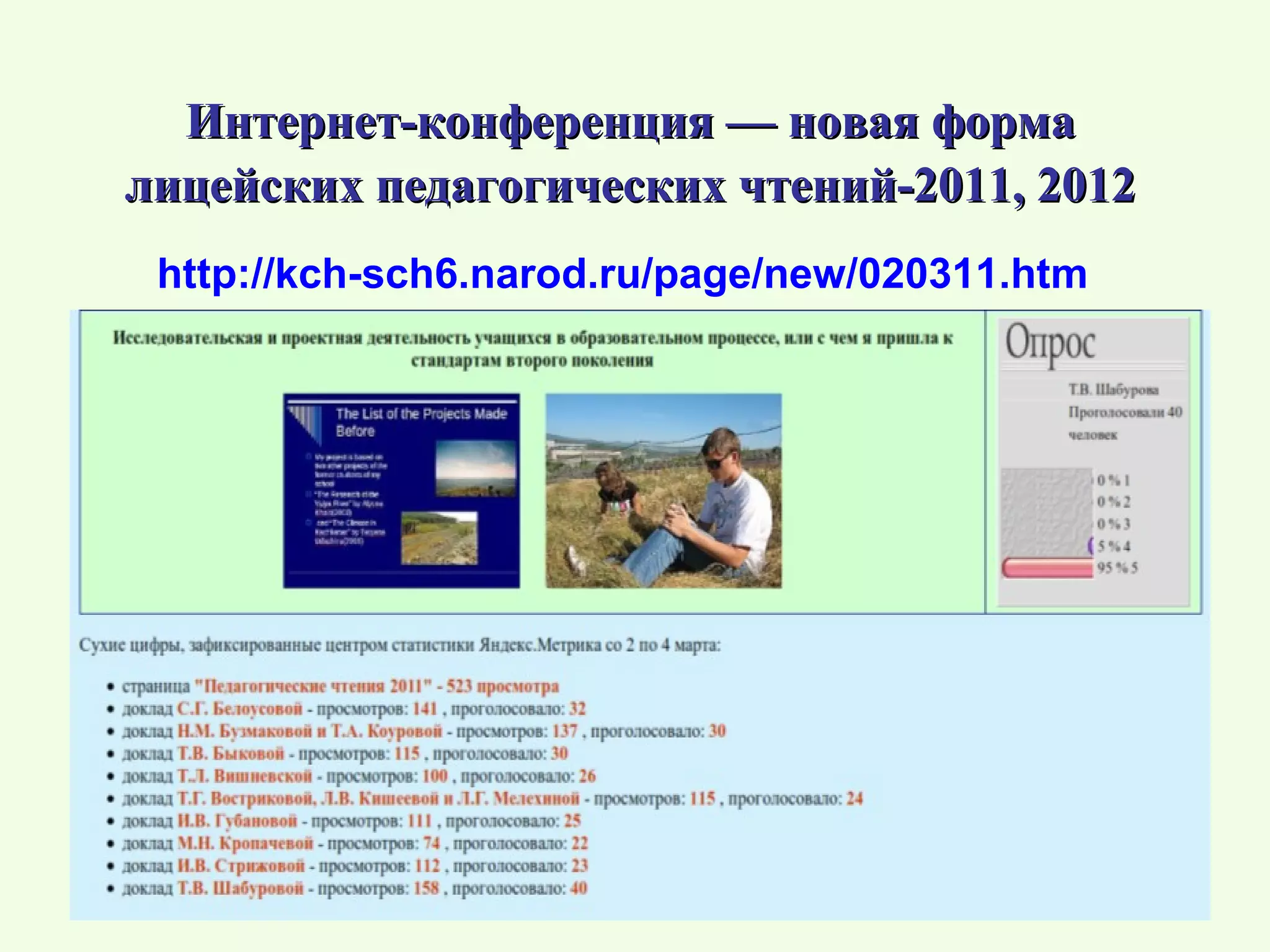 Интернет-конференция — новая форма
лицейских педагогических чтений-2011, 2012
 http://kch-sch6.narod.ru/page/new/020311.htm
 