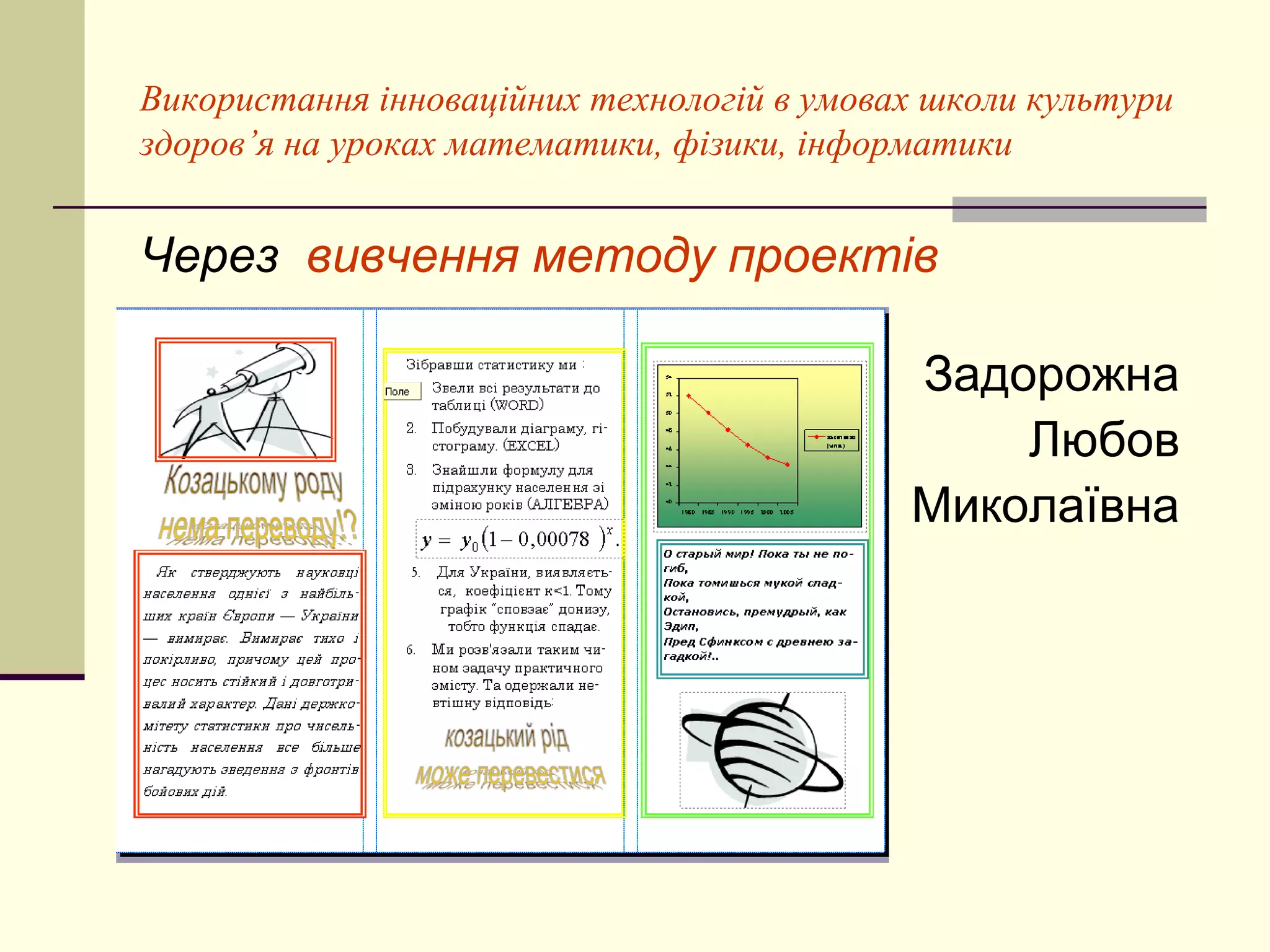 Використання інноваційних технологій в умовах школи культури
здоров’я на уроках математики, фізики, інформатики


Через вивчення методу проектів

                                            Задорожна
                                                Любов
                                            Миколаївна
 