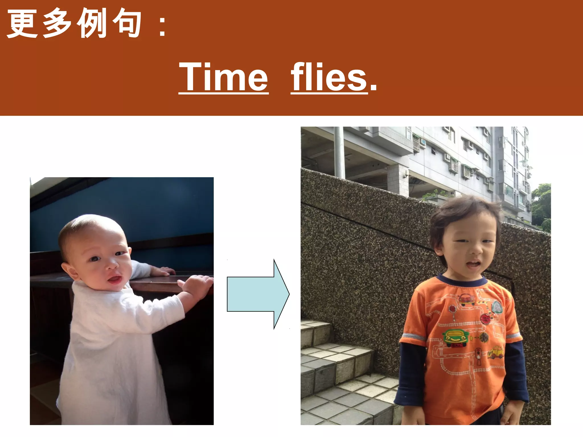 更多例句：
        Time flies.
 