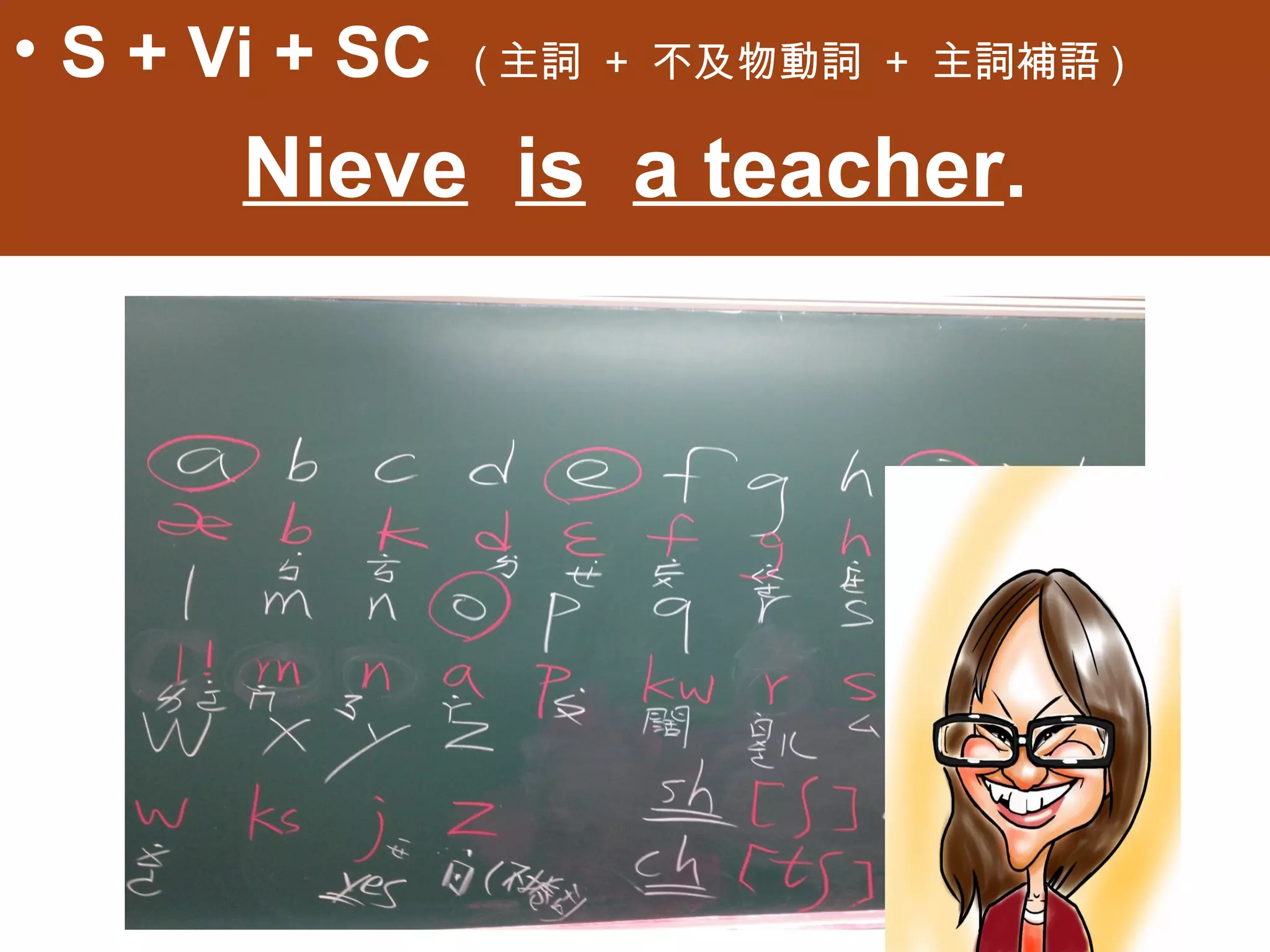 • S + Vi + SC   (主詞 + 不及物動詞 + 主詞補語)

       Nieve is a teacher.
 