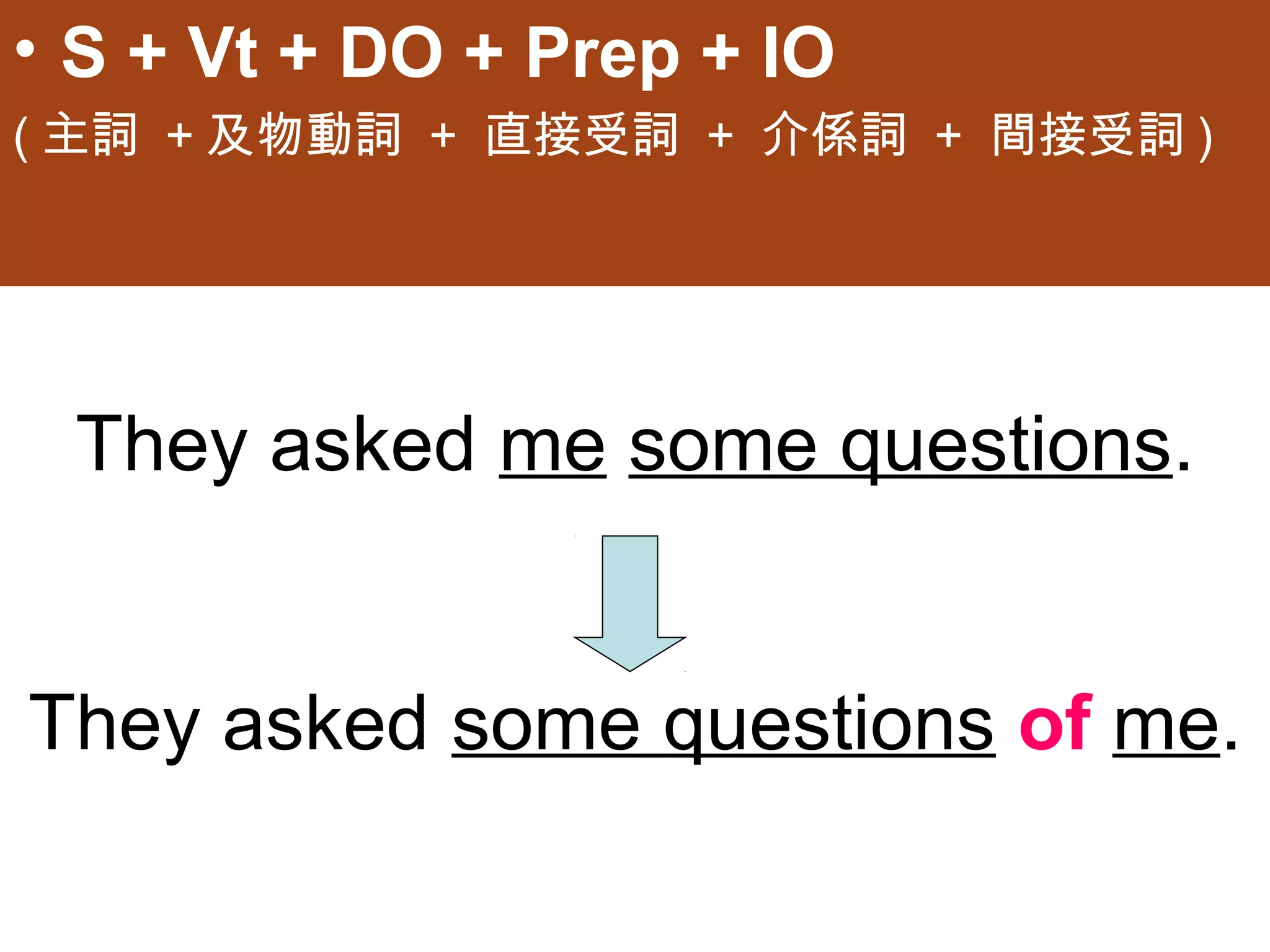 • S + Vt + DO + Prep + IO
(主詞 +及物動詞 + 直接受詞 + 介係詞 + 間接受詞)




 They asked me some questions.


They asked some questions of me.
 