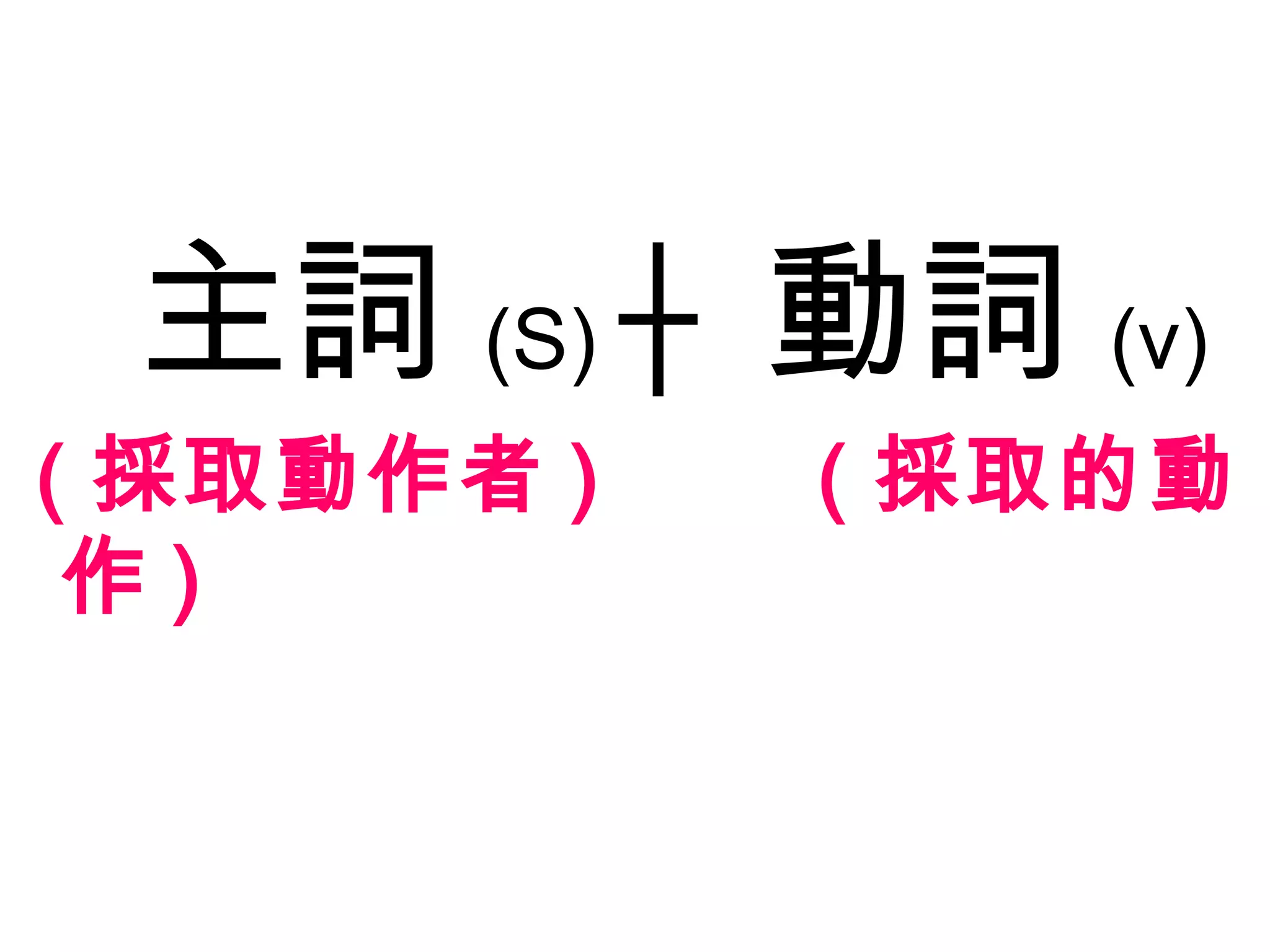 主詞(S) ┼ 動詞(v)
(採取動作者)   (採取的動作)
 