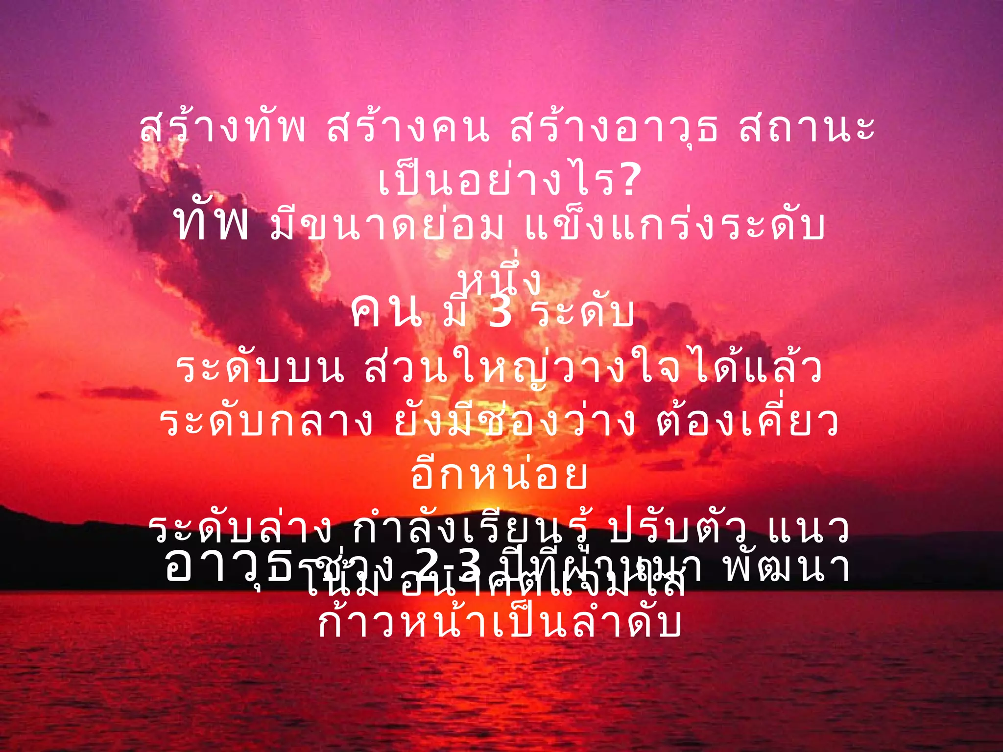 สร้า งทัพ สร้า งคน สร้า งอาวุธ สถานะ
              เป็น อย่า งไร?
  ทัพ มีขนาดย่อ ม แข็ง แกร่ง ระดับ
                   หนึง  ่
            คน มี 3 ระดับ
  ระดับ บน ส่ว นใหญ่ว างใจได้แ ล้ว
 ระดับ กลาง ยัง มีช อ งว่า ง ต้อ งเคีย ว
                       ่                ่
                อีก หน่อ ย
ระดับ ล่า ง กำา ลัง เรีย นรู้ ปรับ ตัว แนว
 อาวุธ โน้ว ง อนาคตแจ่ม ใส พัฒ นา
          ช่ ม 2-3 ปีท ี่ผ า นมา
                             ่
          ก้า วหน้า เป็น ลำา ดับ
 