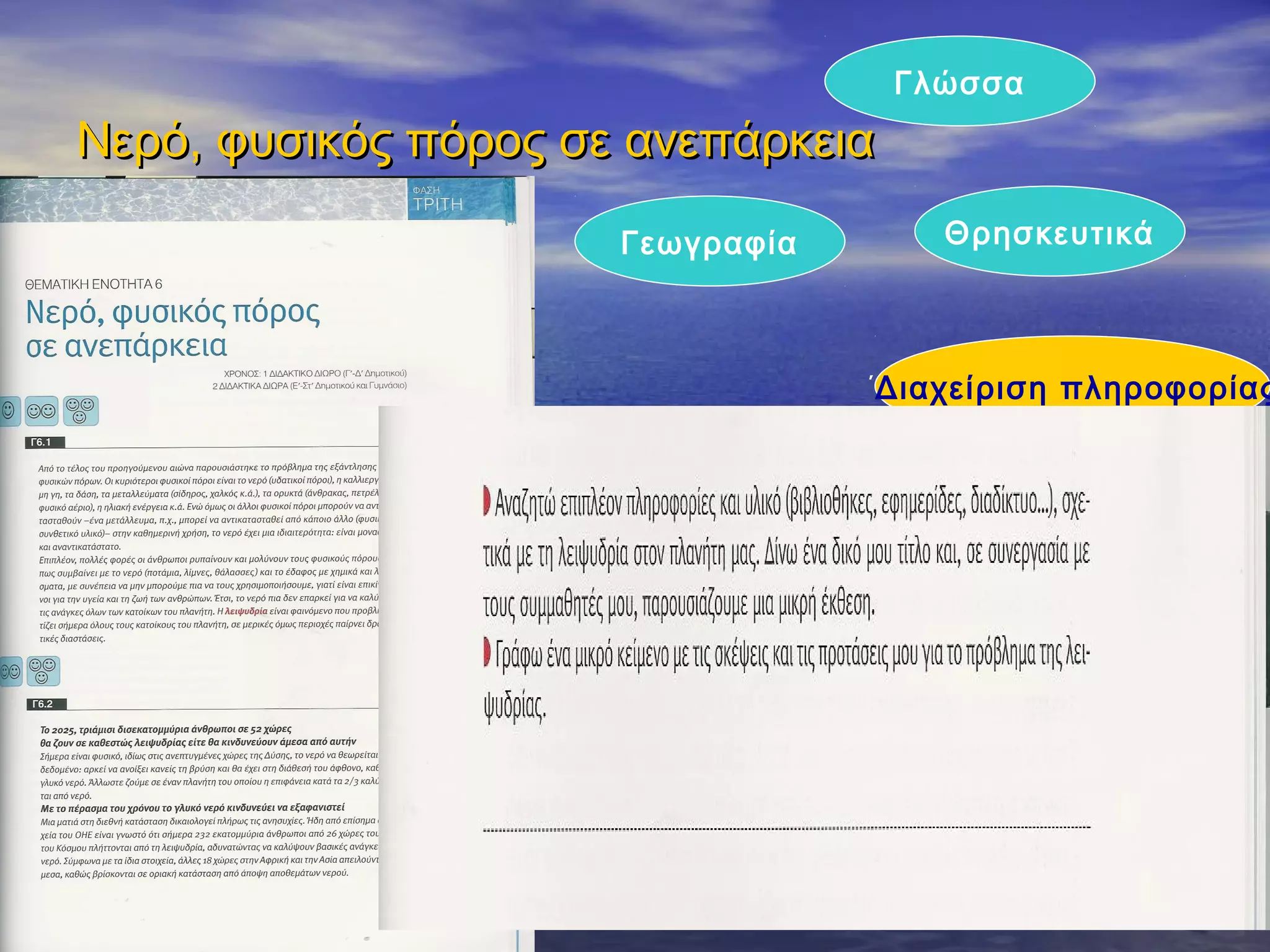 Γλώσσα
Νερό, φυσικός πόρος σε ανεπάρκεια
                      Γεωγραφία       Θρησκευτικά



                                  ΄Διαχείριση πληροφορίας




                                       Κ. και Π. Αγωγή
 