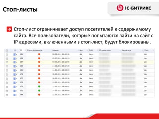 Стоп-листы

   Стоп-лист ограничивает доступ посетителей к содержимому
   сайта. Все пользователи, которые попытаются зайти на сайт с
   IP адресами, включенными в стоп-лист, будут блокированы.
 