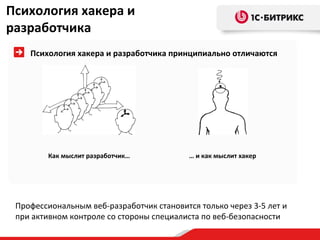 Психология хакера и
разработчика
    Психология хакера и разработчика принципиально отличаются




        Как мыслит разработчик…            … и как мыслит хакер




 Профессиональным веб-разработчик становится только через 3-5 лет и
 при активном контроле со стороны специалиста по веб-безопасности
 