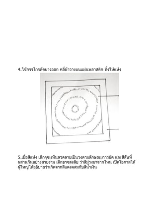 4.ใช้กรรไกรตัดยางออก คลี่ผ้าวางบนแผ่นพลาสติก ทิ้งให้แห้ง




5.เมื่อสีแห้ง เด็กๆจะเห็นลวดลายเป็นวงตามลักษณะการมัด และสีสันที่
ผสานกันอย่างสวยงาม เด็กอาจสงสัย ว่าสีม่วงมาจากไหน เปิดโอกาสให้
ผู้ใหญ่ได้อธิบายว่าเกิดจากสีแดงผสมกับสีนำ้าเงิน
 