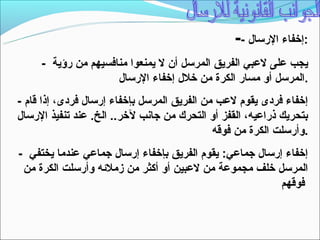 ‫:إخفاء الرتسال --‬
     ‫يجب على لعبي الفريق المرتسل أن ل يمنعوا منافسيهم من رؤية -‬
                     ‫.المرتسل أو مسار الكرة من خلل إخفاء الرتسال‬
‫إخفاء فردى يقوم لعب من الفريق المرتسل بإخفاء إرتسال فردى، إذا قام -‬
‫بتحريك ذراعيه، القفز أو التحرك من جانب لخر.. الخ. عند تنفيذ الرتسال‬
                                               ‫.وأرتسلت الكرة من فوقه‬
‫إخفاء إرتسال جماعي: يقوم الفريق بإخفاء إرتسال جماعي عندما يختفي -‬
 ‫المرتسل خلف مجموعة من لعبين أو أكثر من زملئه وأرتسلت الكرة من‬
                                                           ‫فوقهم‬
 
