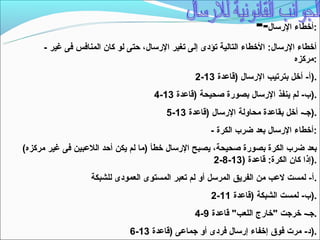 ‫:أخطاء الرتسال--‬
      ‫أخطاء الرتسال: الخطاء التالية تؤدى إلى تغير الرتسال، حتى لو كان المنافس فى غير -‬
                                                                                ‫:مركزه‬
                                                  ‫.)أ- أخل بترتيب الرتسال )قاعدة 31-2‬
                                      ‫.)ب- لم ينفذ الرتسال بصورة صحيحة )قاعدة 31-4‬
                                         ‫.)جـ- أخل بقاعدة محاولة الرتسال )قاعدة 31-5‬
                                                      ‫:أخطاء الرتسال بعد ضرب الكرة -‬
‫بعد ضرب الكرة بصورة صحيحة، يصبح الرتسال خطأ )ما لم يكن أحد اللعبين فى غير مركزه(‬
                                                      ‫.)إذا كان الكرة: قاعدة )31-8-2‬
                   ‫.أ- لمست لعب من الفريق المرتسل أو لم تعبر المستوى العمودى للشبكة‬
                                                       ‫.)ب- لمست الشبكة )قاعدة 11-2‬
                                                  ‫.جـ- خرجت "خارج اللعب" قاعدة 9-4‬
                               ‫.)د- مرت فوق إخفاء إرتسال فردى أو جماعى )قاعدة 31-6‬
 