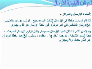 ‫:أخطاء الرتسال والمراكز -‬
‫إذا قام المرتسل بخطأ فى الرتسال )تنفيذ غير صحيح - ترتيب دوران خاطئ.. -‬
      ‫.إلخ( وكان المنافس فى غير مركزه. فإن خطأ الرتسال هو الذى يجازى‬
 ‫وبدل من ذلك. إذا كان تنفيذ الرتسال صحيحا. ولكن توابع الرتسال أصبحت -‬
‫خطأ )لمس الشبكة - خرجت "خارج" - إخفاء إرتسال... إلخ( فإن خطأ الدوران‬
                                              ‫.هو الذى حدث أول ويجازى‬
                                                     ‫ ً‬
 