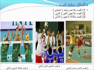 ‫) الصد بلعبين اثنين ) ثنائي‬
‫) الصد بثلثة لعبين ) ثلثي‬                                 ‫) الصد بلعب واحد ) احادي‬
 