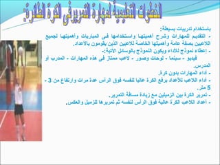 ‫باتستخدام تدريبات بسيطة:‬
 ‫- التقديـم للمهارات وشرح أهميتهـا واتسـتخدامها فـى المباريات وأهميتهـا لجميع‬
              ‫اللعبين بصفة عامة وأهميتها الخاصة للعبين الذين يقومون بالعداد.‬
                           ‫- إعطاء نموذج للداء ويكون النموذج بالوتسائل التية:-‬
‫فيديو - تسينما - لوحات وصور - لعب ممتاز فى هذه المهارات - المدرب أو‬
                                                                        ‫المدرس.‬
                                                       ‫- أداء المهارات بدون كرة.‬
‫- أداء اللعب للعداد برفع الكرة عاليا لنفسه فوق الرأس عدة مرات وارتفاع من 3 -‬
                                                                          ‫5 متر.‬
                              ‫- تمرير الكرة بين الزميلين مع زيادة مسافة التمرير.‬
          ‫- أعداد اللعب الكرة عالية فوق الرأس لنفسه ثم تمريرها للزميل والعكس.‬
 
